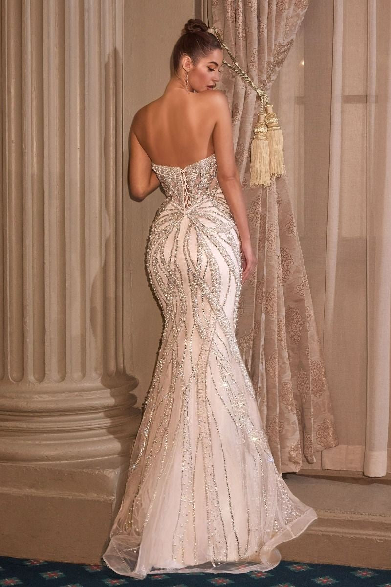 couture dress Strapless crystal beaded fit-and-flare gown with sheer contour bodice and sweep train —  Atlanta showroom.”
“Close-up of linear crystal beadwork over layered tulle — (CC0688W).”
“Side view of fit-and-flare silhouette with subtle train —