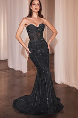 Strapless full‑length crystal‑beaded gown with sheer illusion bodice and fit & flare skirt – The Starlet Gown from The Bakvri Showroom in Atlanta