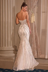 couture dress Strapless crystal beaded fit-and-flare gown with sheer contour bodice and sweep train —  Atlanta showroom.”
“Close-up of linear crystal beadwork over layered tulle — (CC0688W).”
“Side view of fit-and-flare silhouette with subtle train —  